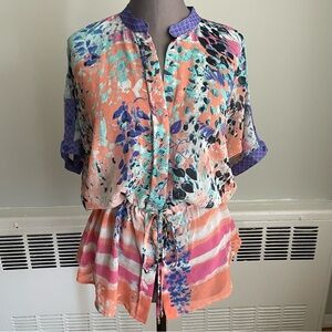 Calvin Klein multi color sheer short sleeve top with drawstring waist